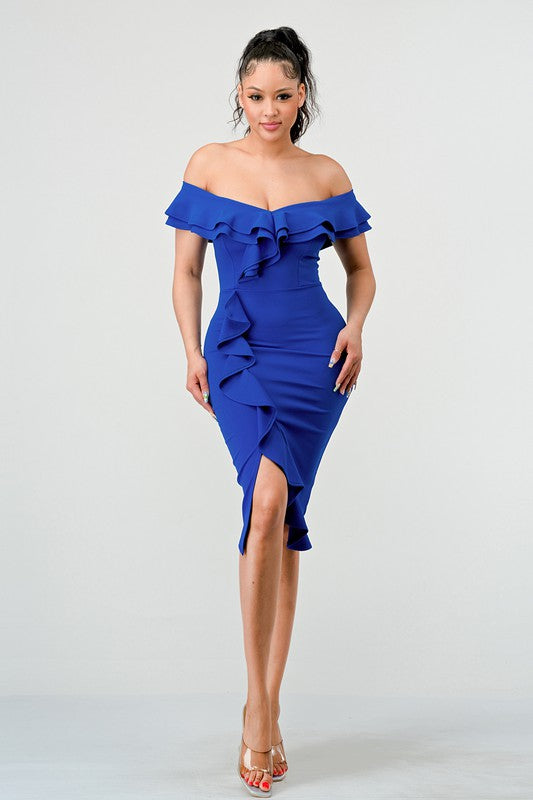 Ruffle Trim Off Shoulder Blue Dress – OWN YOUR ELEGANCE