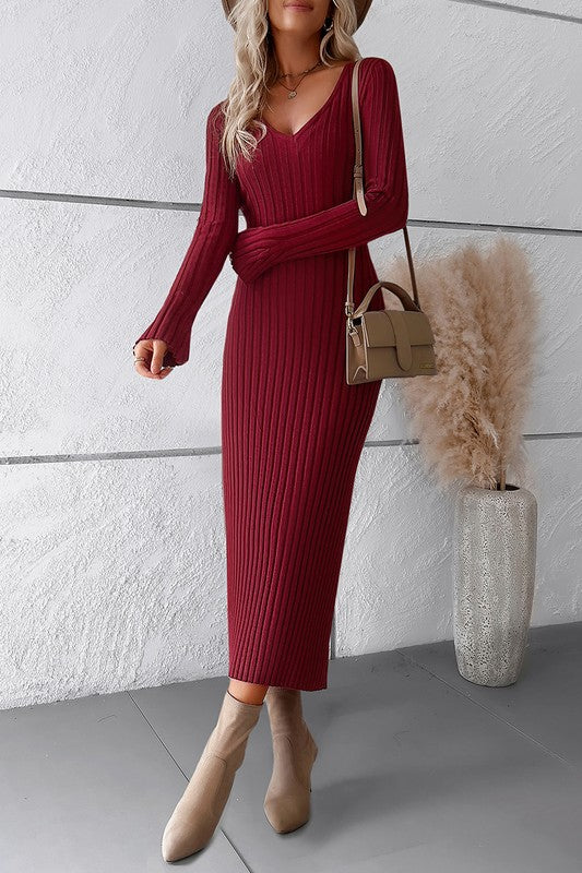Wine Colour Solid Knitted Slim Dress