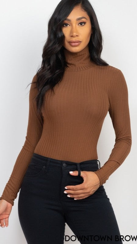 Solid Ribbed Turtle Neck Brown Bodysuit