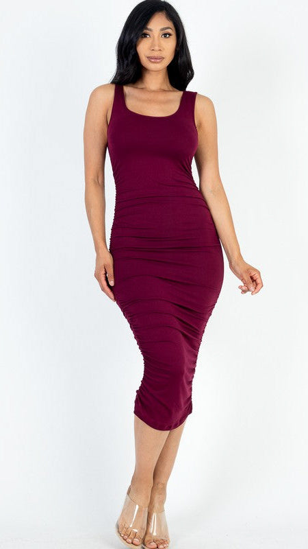 Square Neck Ruched Bodycon Burgundy Dress