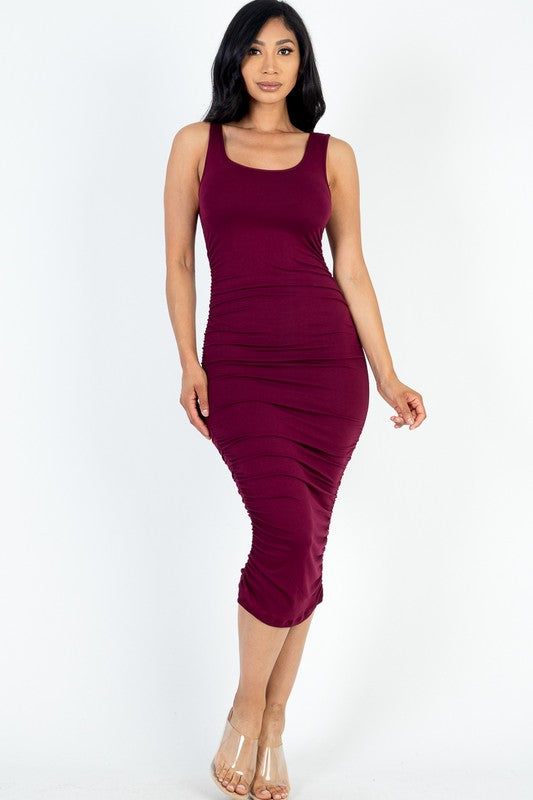 Square Neck Ruched Bodycon Burgundy Dress