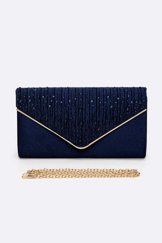 Crystal Pave Pleated Satin Clutch Navy Bag