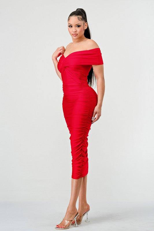 Off Shoulder Twist Front Ruched Red Dress