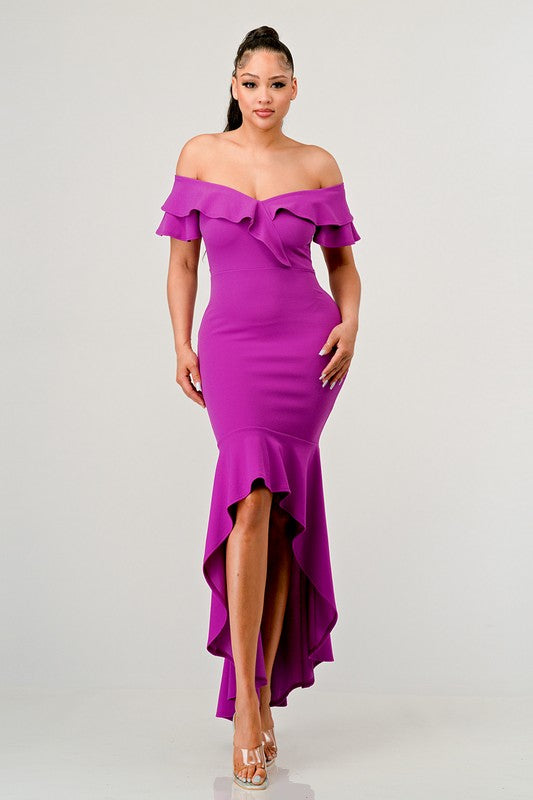 Off Shoulder Ruffle High Low Purple Dress