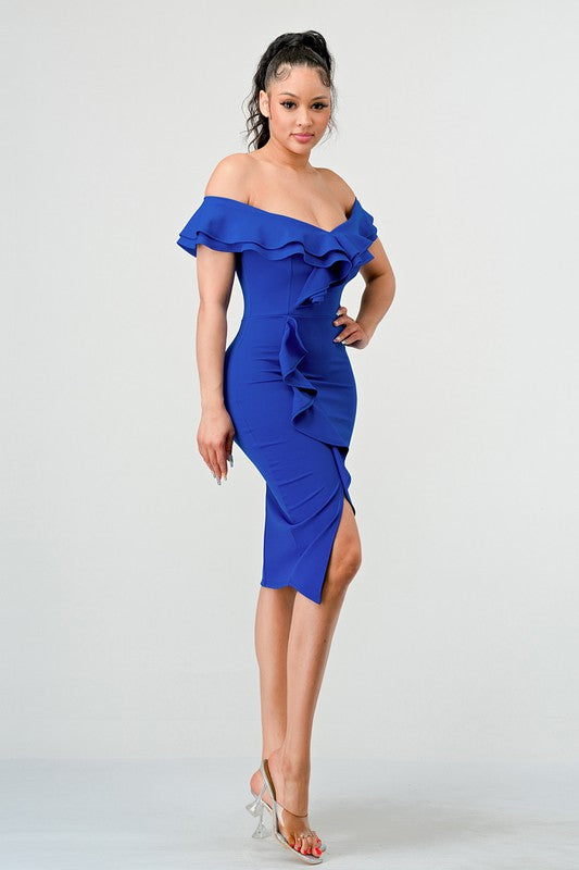 Ruffle Trim Off Shoulder Blue Dress
