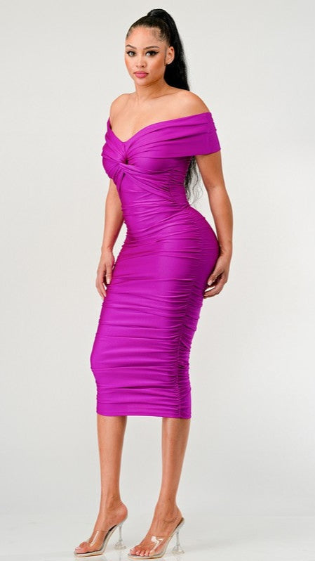 Off Shoulder Twist Front Ruched Purple Dress