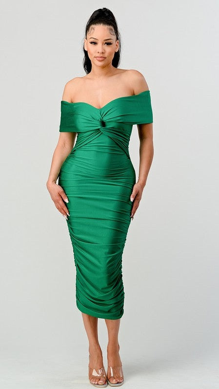 Off Shoulder Twist Front Ruched Green Dress
