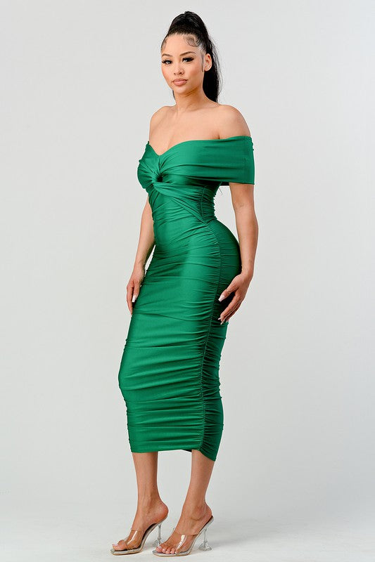Off Shoulder Twist Front Ruched Green Dress