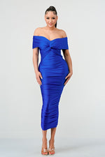 Off Shoulder Twist Front Ruched Blue Dress