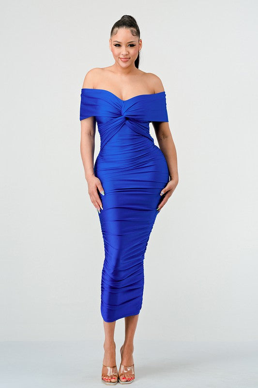 Off Shoulder Twist Front Ruched Blue Dress – OWN YOUR ELEGANCE