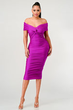 Off Shoulder Twist Front Ruched Purple Dress