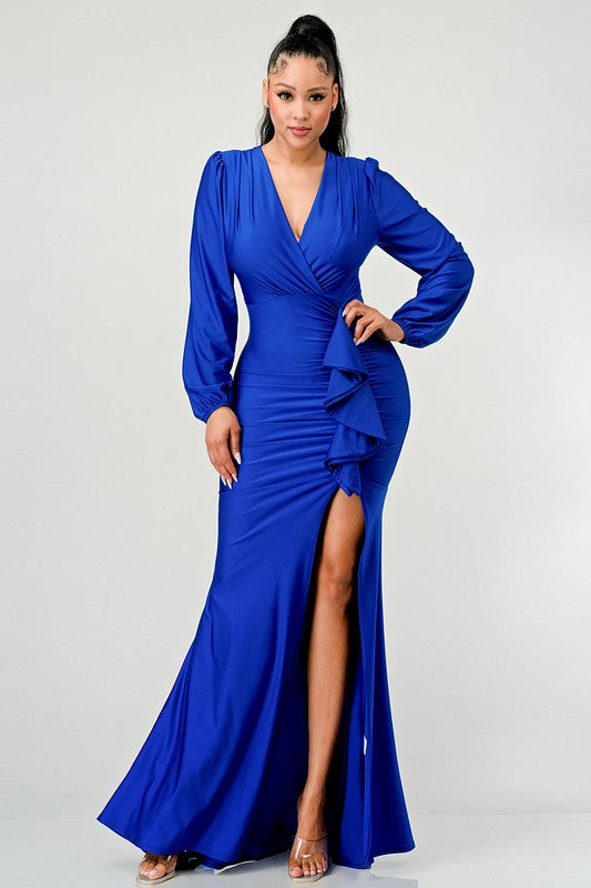 Long Sleeve Ruffle Blue Dress