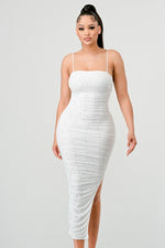 Luxe Pearl Mesh Ruched Bodycon Slitted Maxi Dress