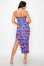 Ruched Mesh Print Midi Dress with a Slit