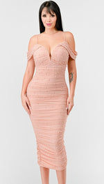 Luxe Pearl Off Shoulder Ruched Rose Midi Dress