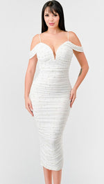 Luxe Pearl Off Shoulder Ruched White Midi Dress