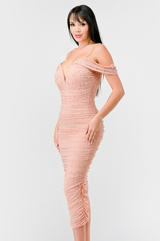 Luxe Pearl Off Shoulder Ruched Rose Midi Dress