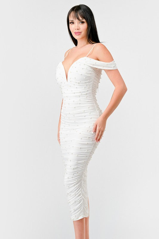 Luxe Pearl Off Shoulder Ruched White Midi Dress