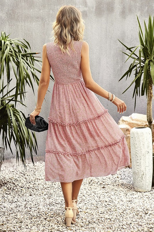 Floral Print Hem Pink Sleeveless Dress