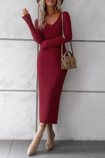 Red Solid Knit Midi Dress