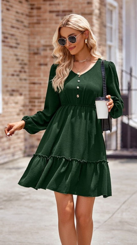 Button Puff Sleeve Olive Dress