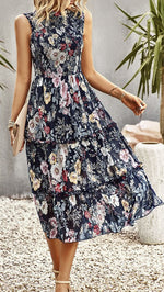 Floral Print Hem Navy Sleeveless Dress
