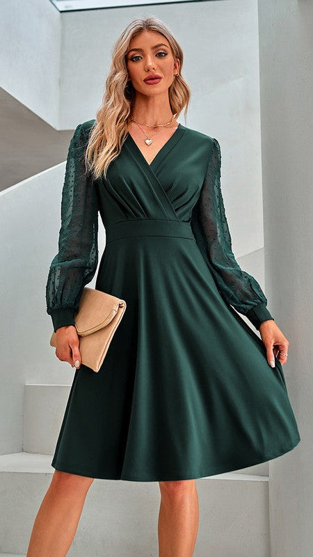 Green Sheer Sleeve V Neck Fit Midi Dress