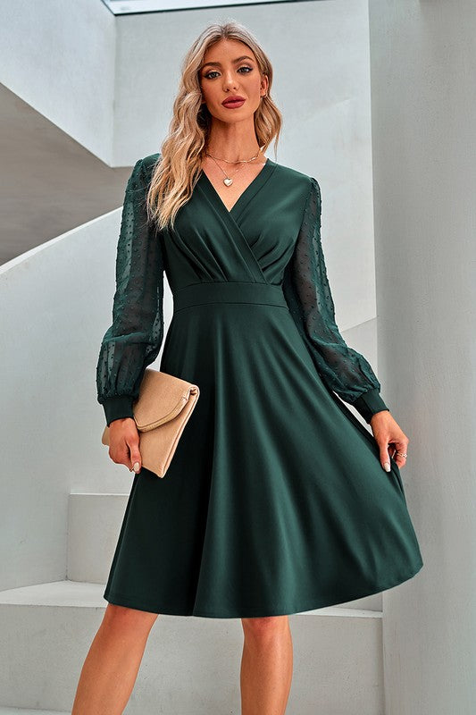 Green Sheer Sleeve V Neck Fit Midi Dress