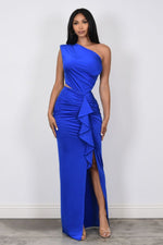 One Shoulder Ruffle Blue Maxi Dress