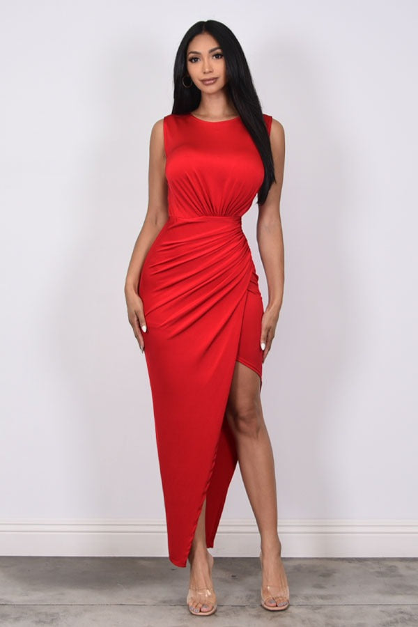 Ruched Asymmetrical Red Dress