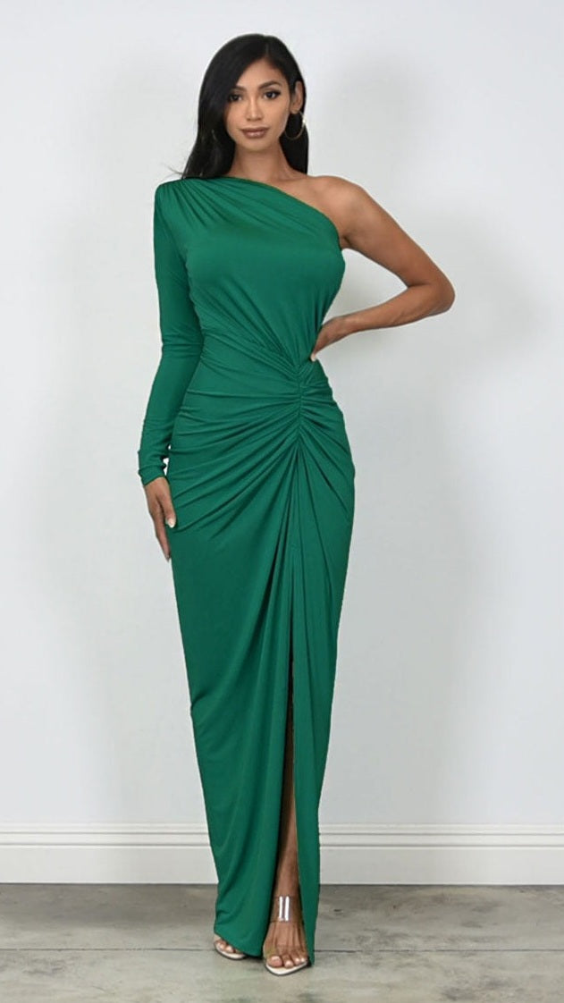 One Shoulder Side Ruched Green Dress