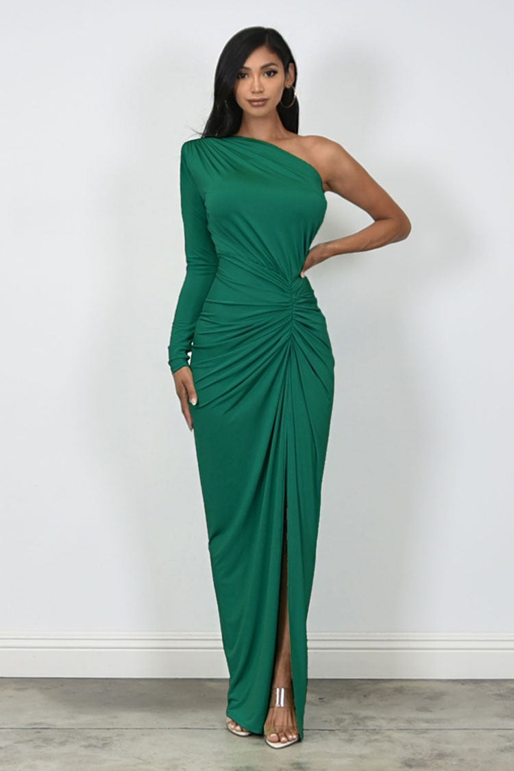 One Shoulder Side Ruched Green Dress