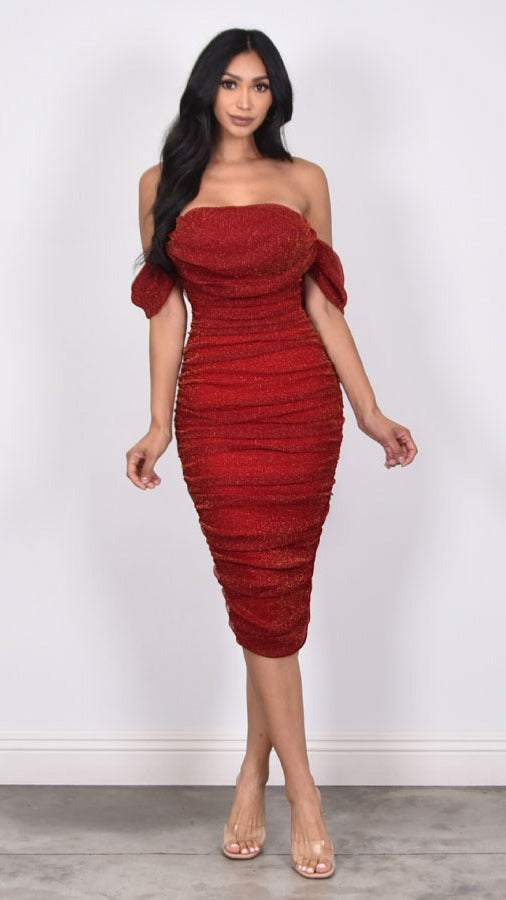Mesh Off Shoulder Glitter Red Dress