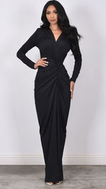 Long Sleeve Ruched Black Dress