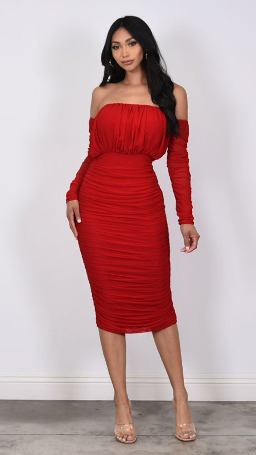 Off Shoulder Sleeve Red Dress