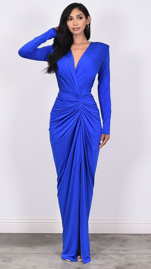 Long Sleeve Ruched Blue Dress