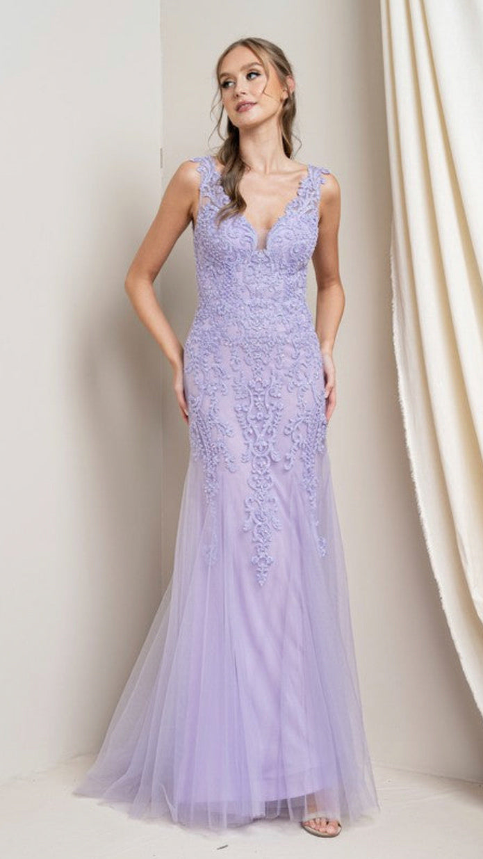 Mermaid Slim Dress With Applique Lace All Over