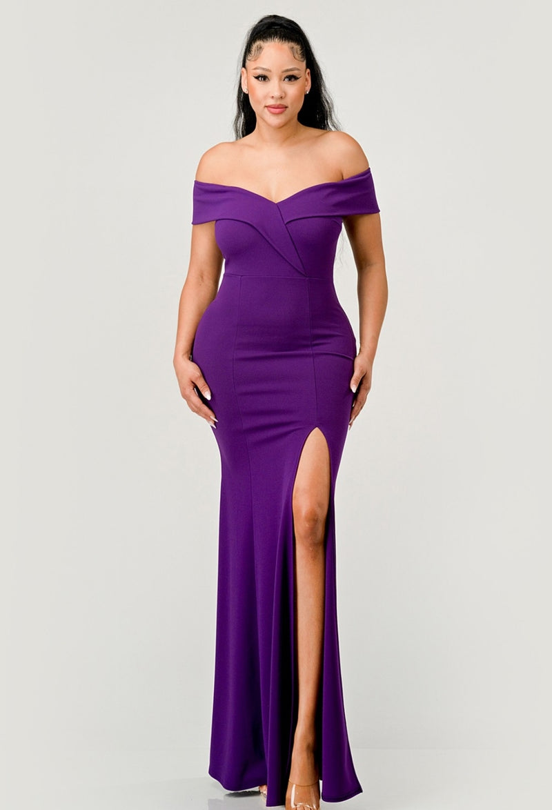 Off the Shoulder Slit Maxi Purple Dress
