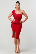 One Shoulder Ruffle Red Dress