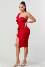 One Shoulder Ruffle Red Dress