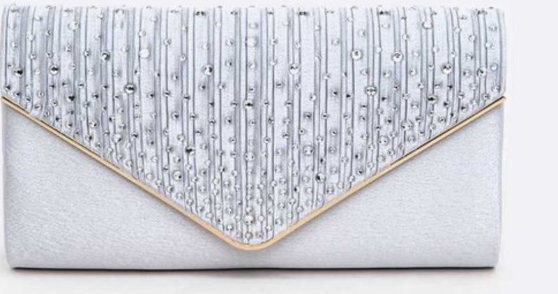 Crystal Pave Pleated Satin Clutch Silver Bag