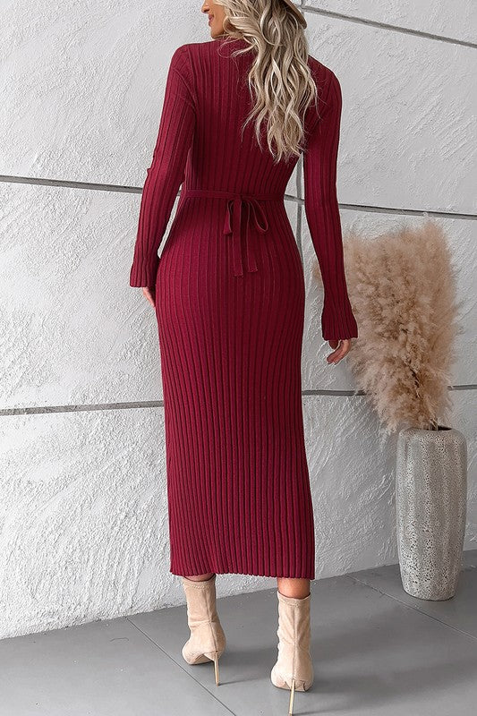 Wine Colour Solid Knitted Slim Dress