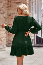 Button Puff Sleeve Olive Dress