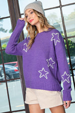Plus Size Star Pattern Round Neck Sweater - Purple Photo 4
