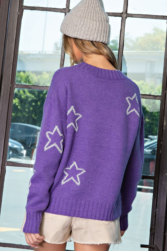 Plus Size Star Pattern Round Neck Sweater - Purple Photo 3