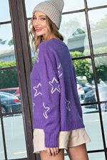 Plus Size Star Pattern Round Neck Sweater - Purple