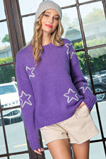 Plus Size Star Pattern Round Neck Sweater - Purple