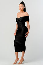 Off Shoulder Twist Front Ruched Black Dress