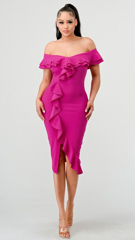 Ruffle Trim Off Shoulder Pink Dress