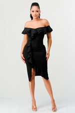 Ruffle Trim Off Shoulder Black Dress